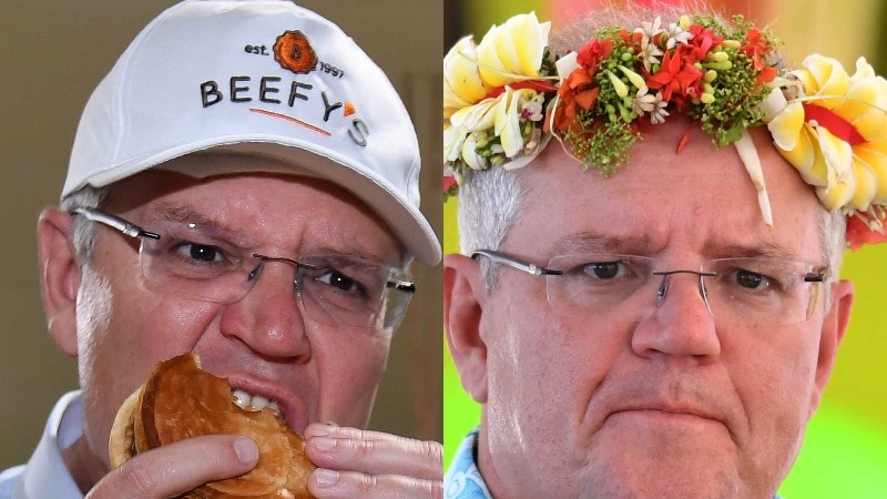 Scott Morrison in a cap eating a pie, and in a flower garland