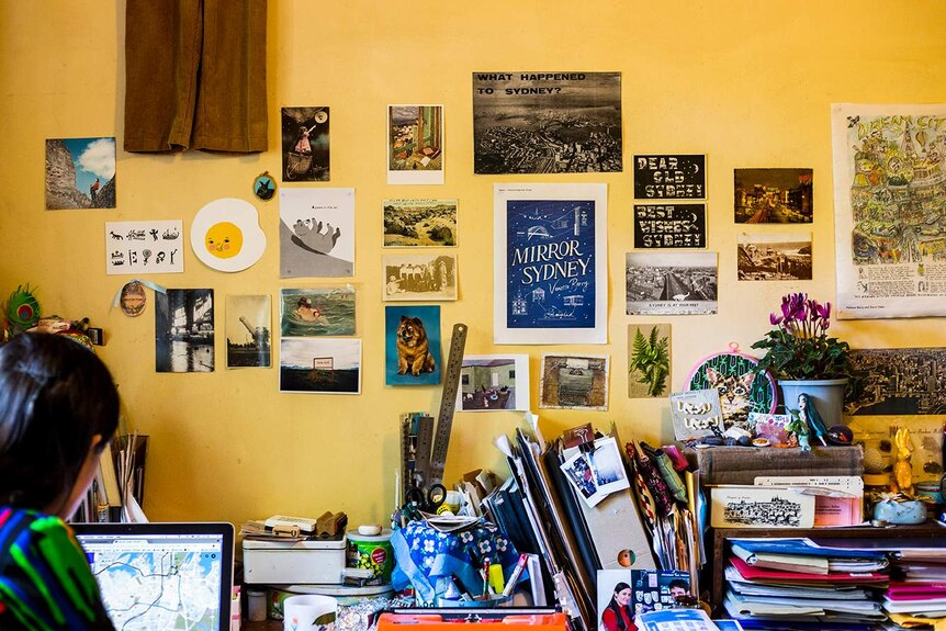 Colour photograph of artist and writer Vanessa Berry's home studio.