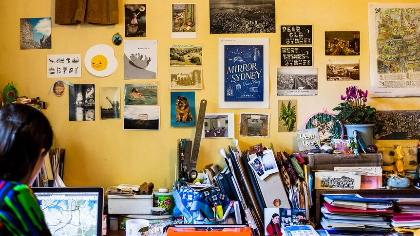 Colour photograph of artist and writer Vanessa Berry's home studio.