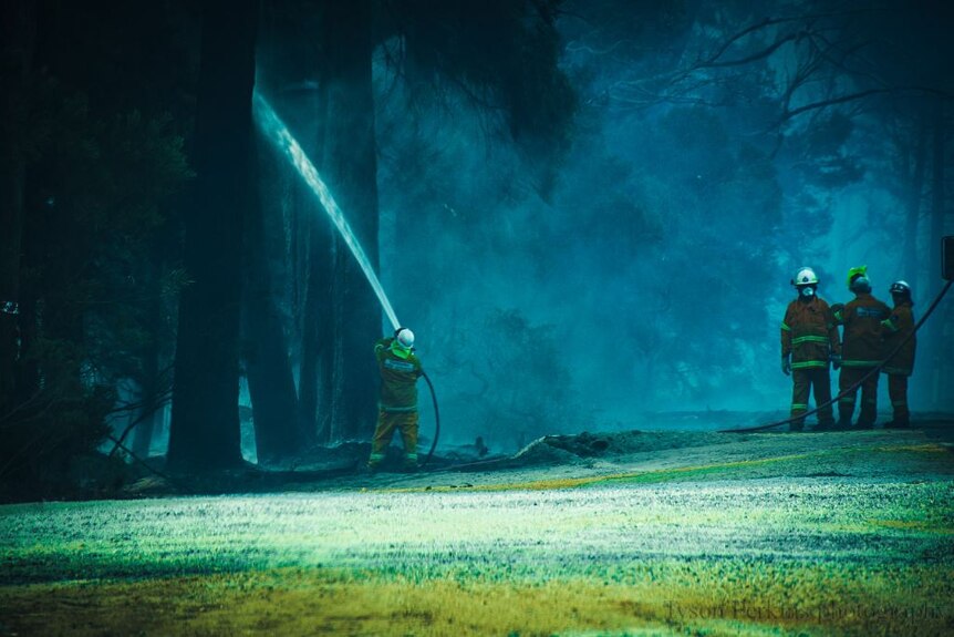 A firefighter sprays water into a tree amid a smoke haze at Calder NW Tasmania