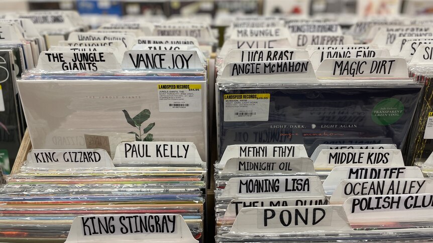 A stack of records with artist's names such as Paul Kelly and Vance Joy