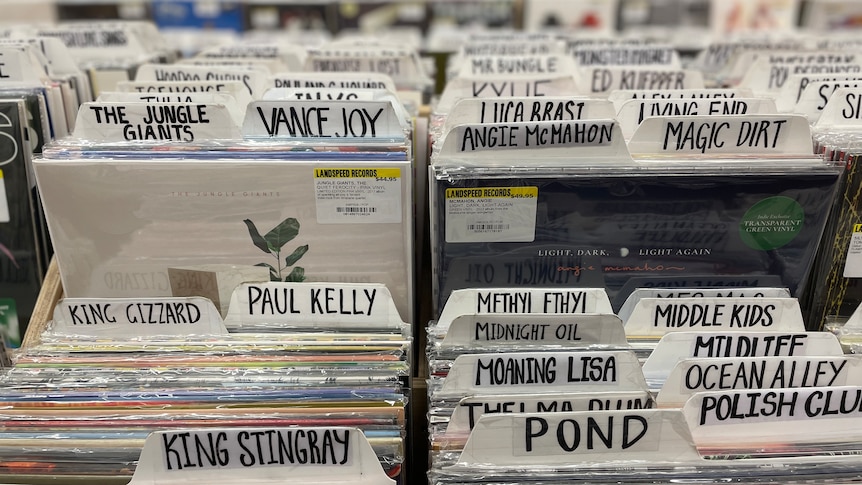 A stack of records with artist's names such as Paul Kelly and Vance Joy