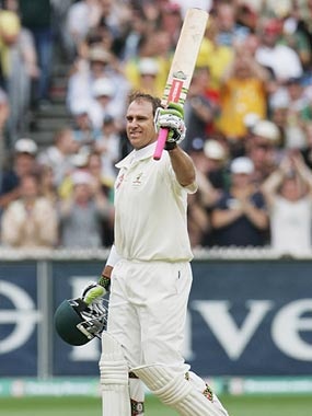 Matthew Hayden celebrates his century in an MCG Ashes Test.