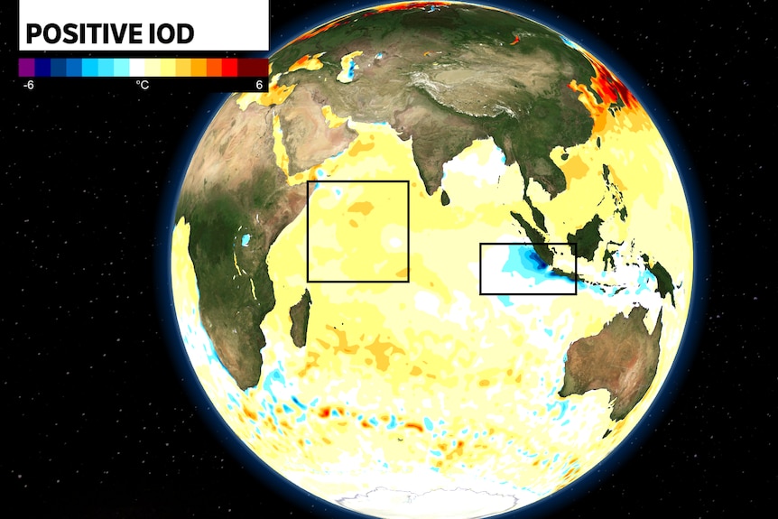 A man of the world showing parts of the Indian Ocean above Australia with orange marks to signify warmth