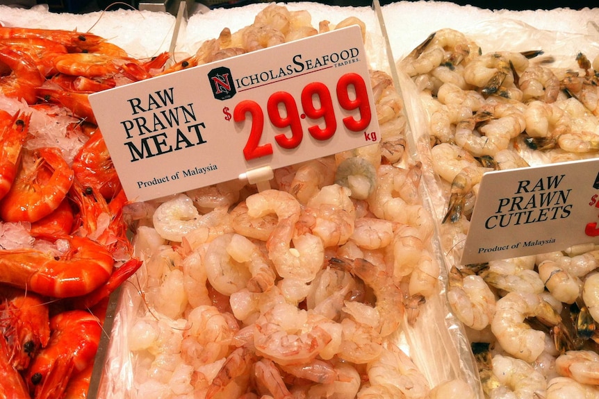 Imported seafood labels on prawns