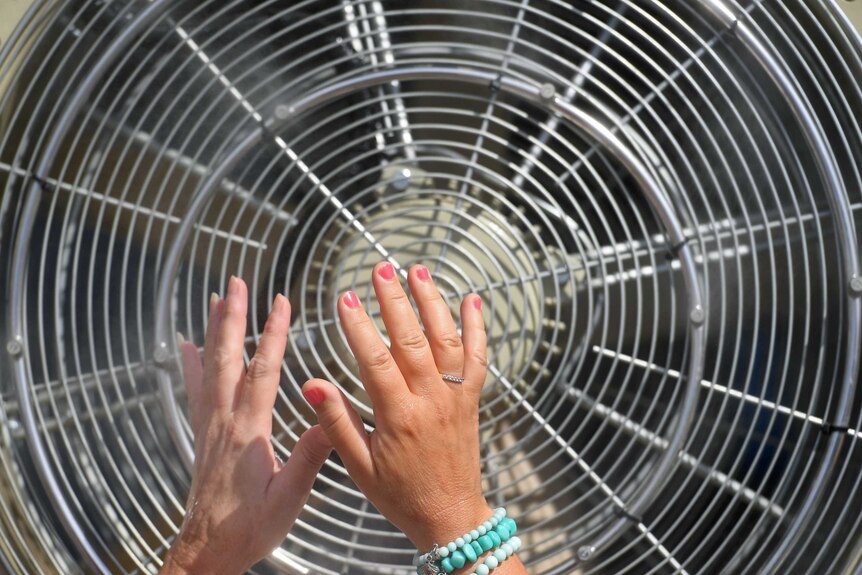 Una persona levanta las manos frente a un ventilador eléctrico durante el clima cálido.