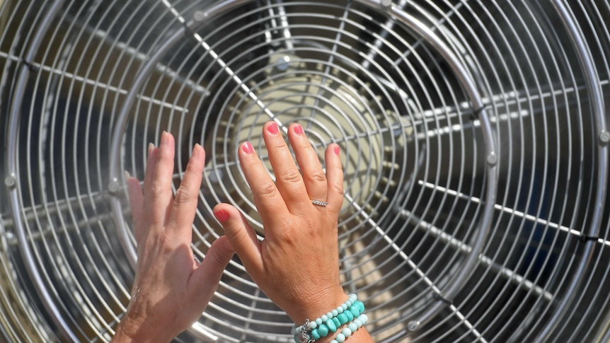 A person holds their hands up in front of an electric fan during hot weather