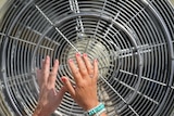 A person holds their hands up in front of an electric fan during hot weather