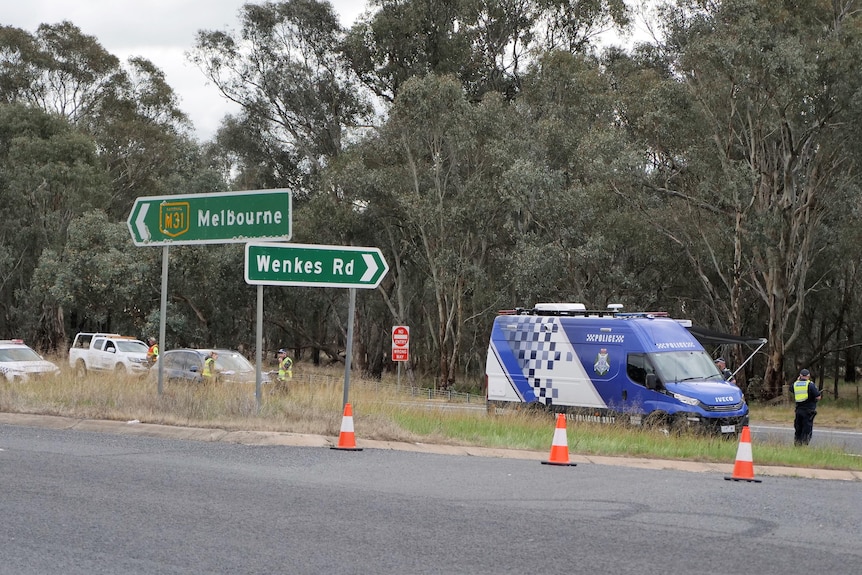 Police at the scene of a fatal accident on the Hume Freeway near Chiltern in north-east Victoria