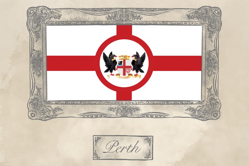 A flag with a red cross on a white background, featuring a crest with two swans and a crown 