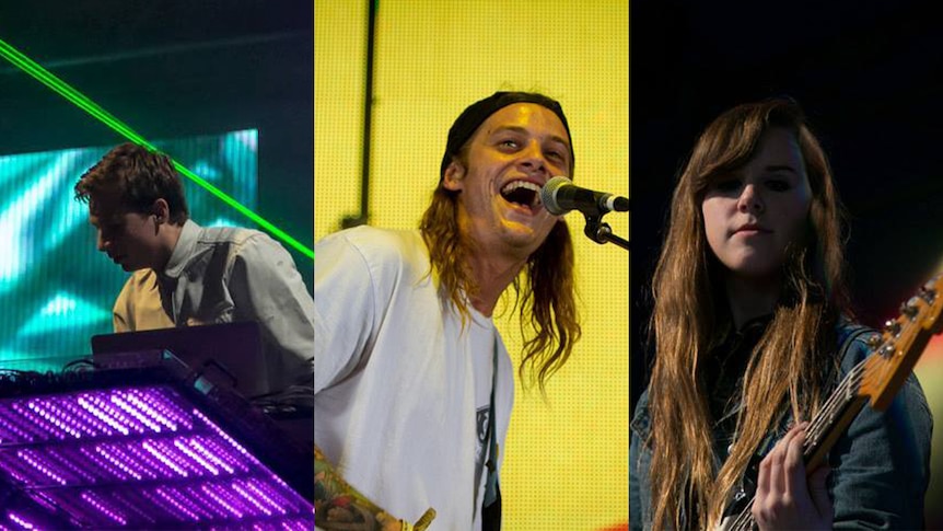 Spliced images of Flume, Dune Rats and Cub Sport performing on stage at Splendour In The Grass