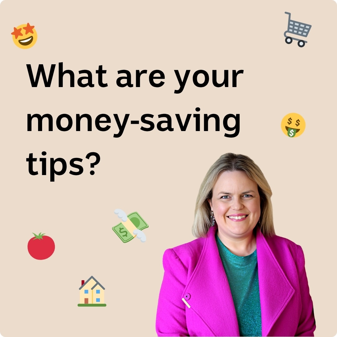 Journalist Emily Stewart on a colour background with different emojis. Text reads: What are your money-saving tips?