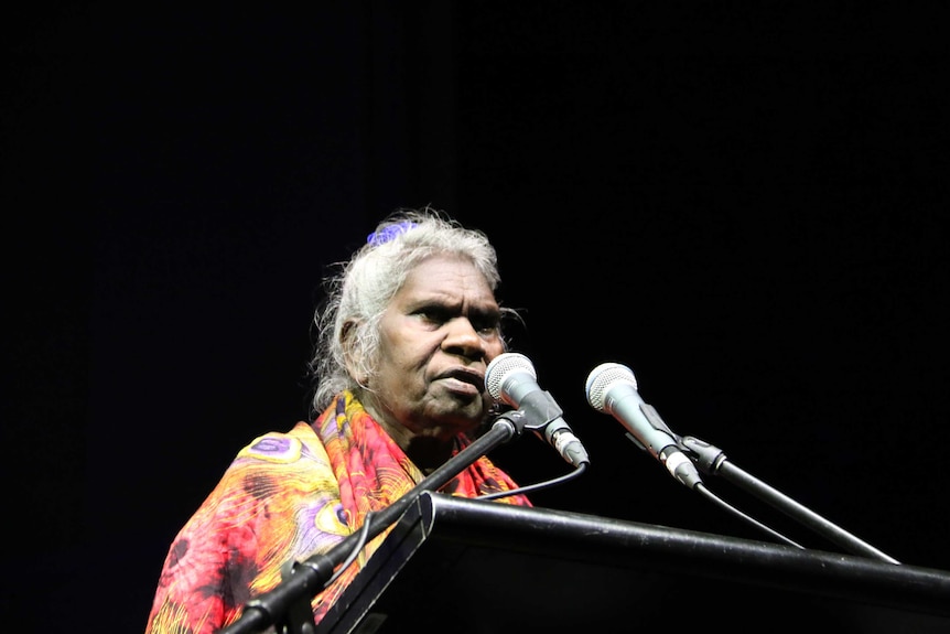 Gurrumul's aunty, Dorothy Gamritj Gurruwiwi speaks at the NIMAs.