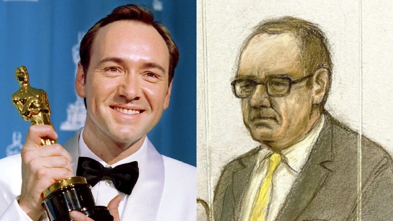 A composite image of Kevin Spacey clutching an Oscar and a court sketch 