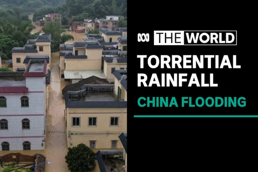 Torrential Rainfall, China Flooding: A flooded town viewed from the air.