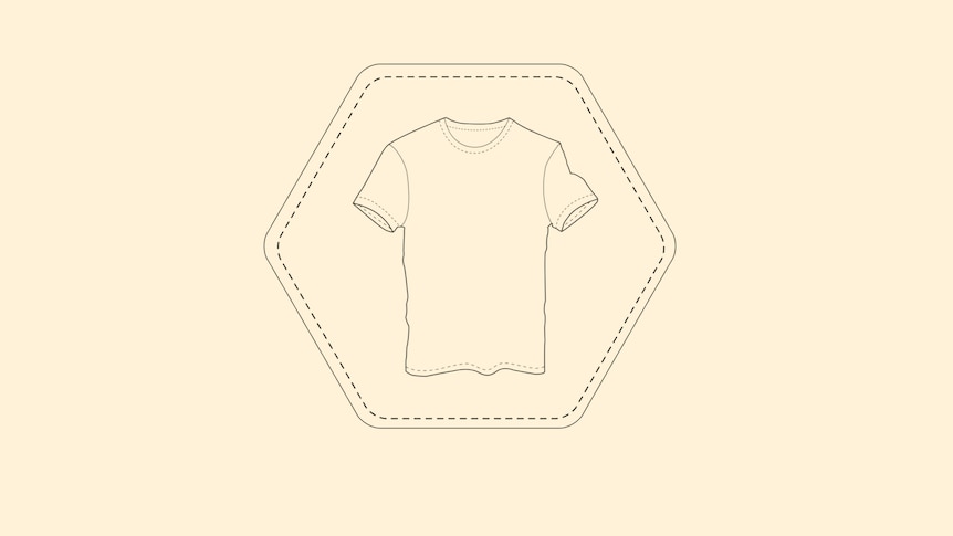 2D black vector outline of a hexagon and tshirt on cream background