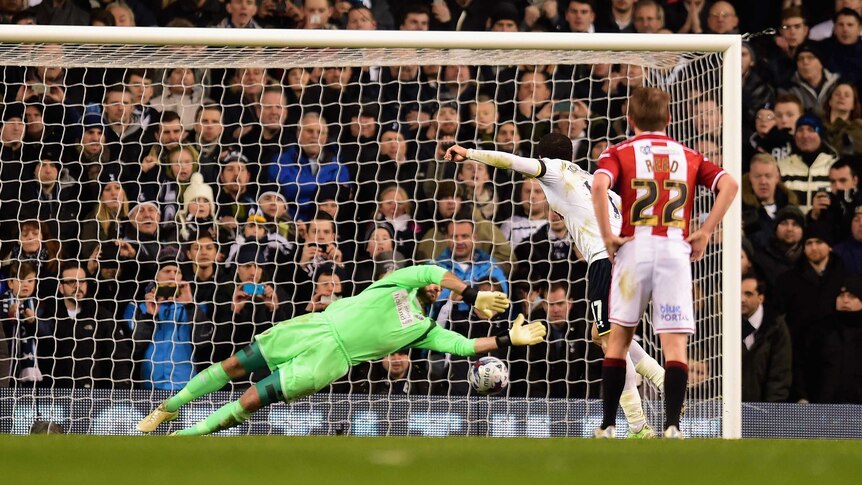 Andros Townsend scores a penalty for Spurs against Sheffield United in the League Cup semi-final.