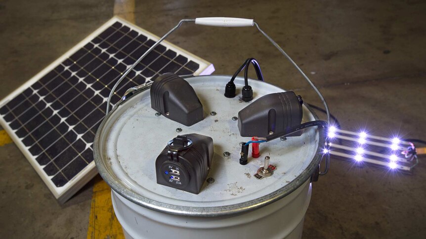 A solar powered battery built by a volunteer at the Substation33 recycling program.