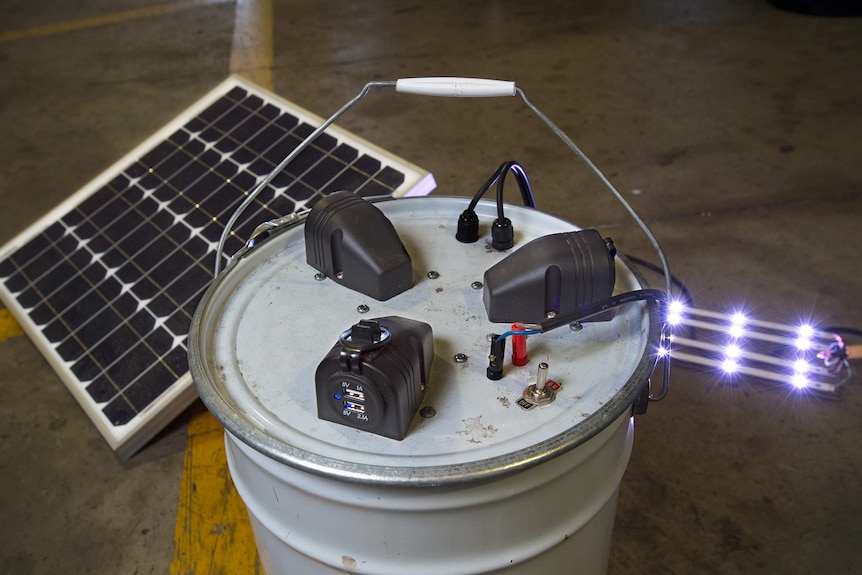 A solar powered battery built by a volunteer at the Substation33 recycling program.