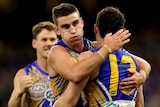A mid shot of West Coast Eagles players Elliot Yeo and Luke Shuey celebrating after a goal.