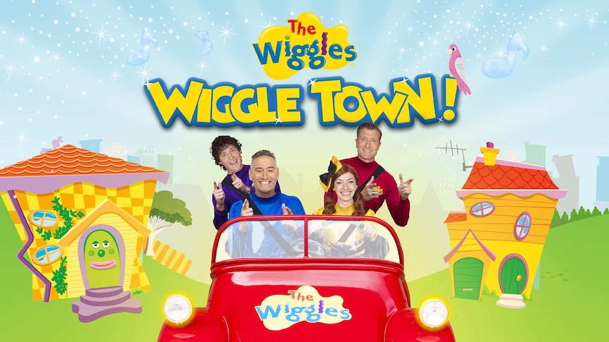 Wiggles members sitting in an animated version of the Big Red car
