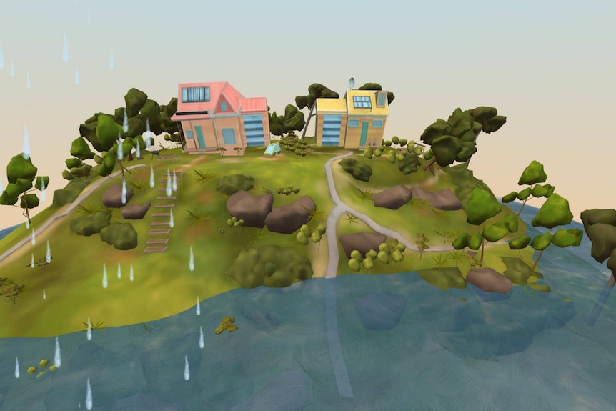 A digital image of a mountaintop town. Rain is falling on the town, and the water-level is halfway up the mountain.