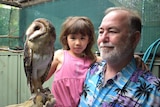 A young girl and her father with an owl inside an enclosure