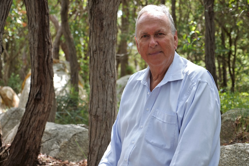A man wearing a business shirt sitting in a forest setting