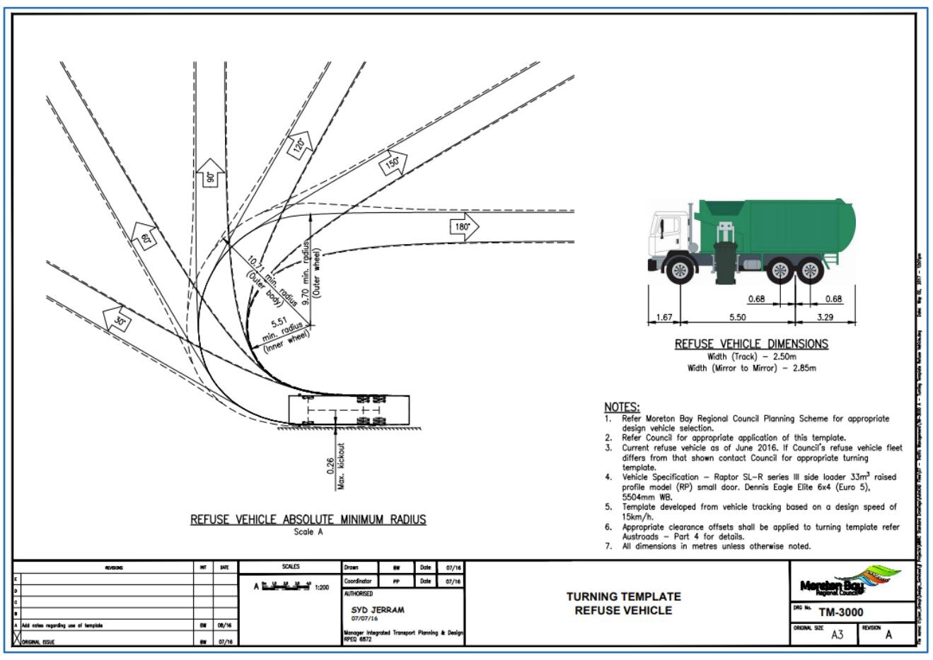 A screenshot of  planning documents with a diagram of a truck and the measurements of a turning circle