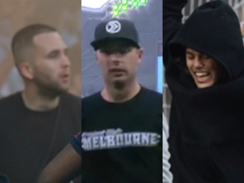 A three-panel image of three men on a sporting field.