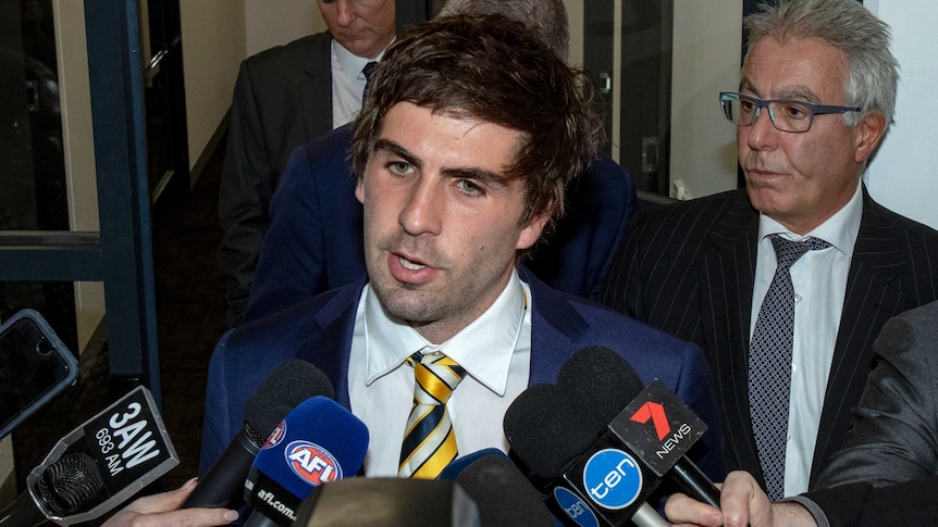 West Coast Eagles midfielder Andrew Gaff addresses the media after appearing at the AFL tribunal.