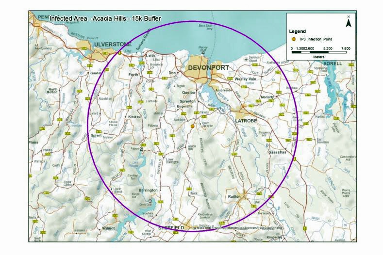 Fruit fly exclusion zone map around Devonport