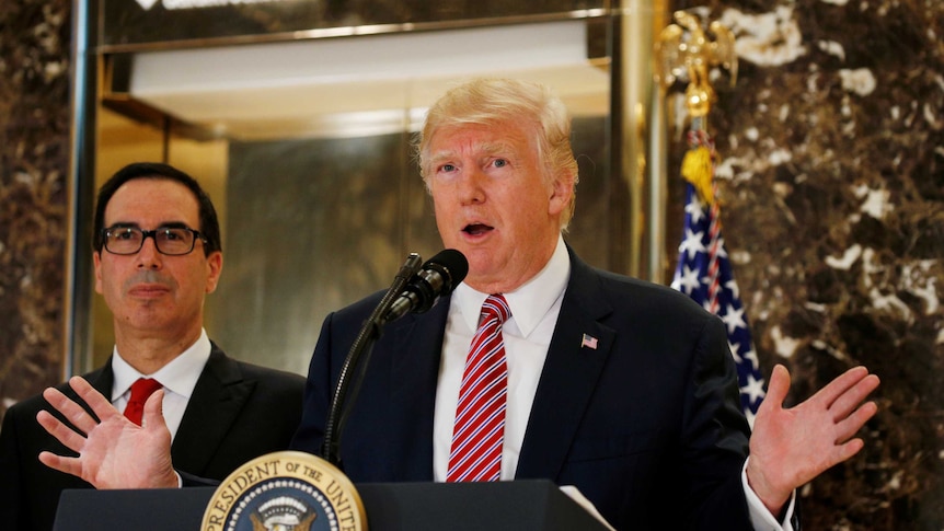 US President Donald Trump gives a press conference at Trump Tower.