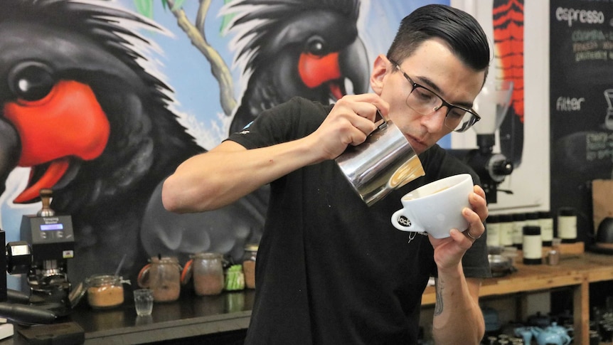A barista standing in front of a palm cockatoo mural makes latte art.