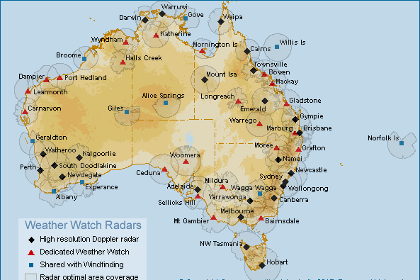 A map of Australia showing locations of weather radars