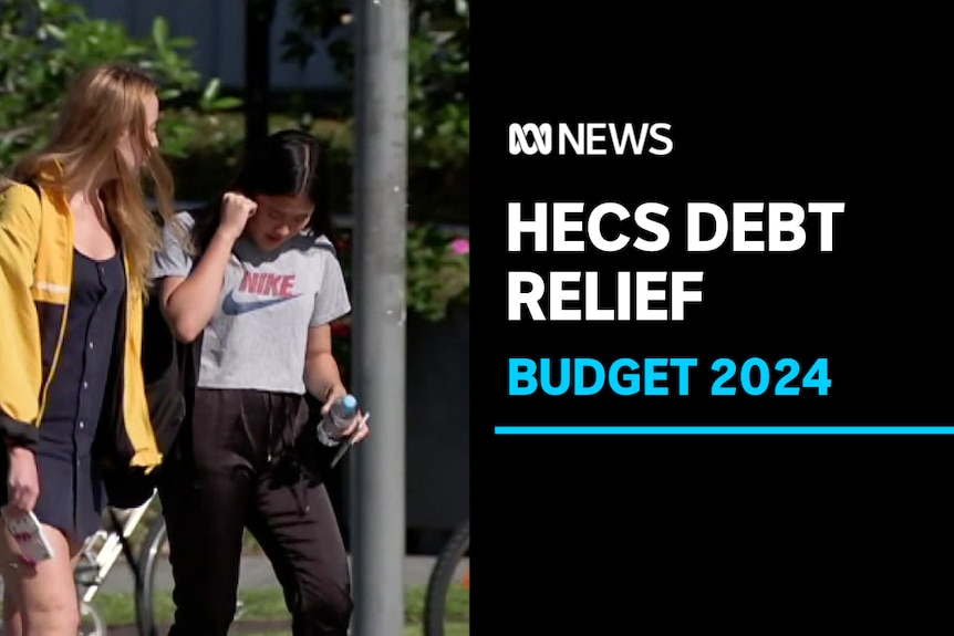 HECS debt relief, Budget 2024: Two female students wearing casual clothing walk together with backpacks on. 