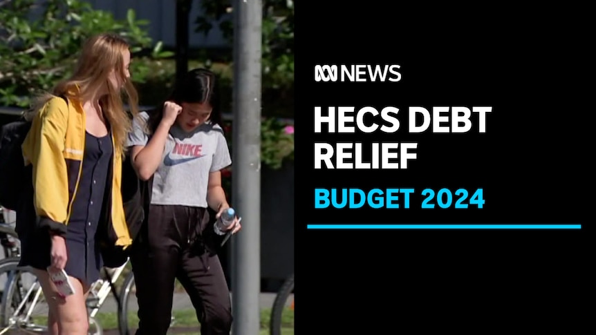 HECS debt relief, Budget 2024: Two female students wearing casual clothing walk together with backpacks on. 