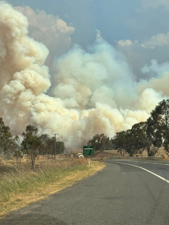 Bushfire smoke covers the sky above a highway 