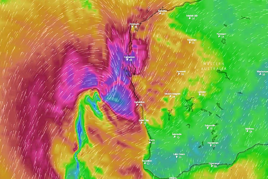 A radar image of WA with a big purple rain band near the coast.