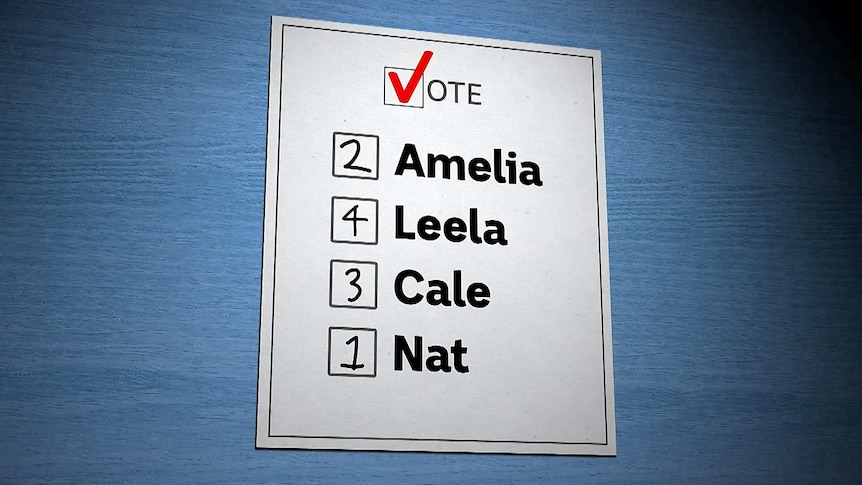 An completed election voting card with pretend candidates Amelia, Leela, Cale and Nat.