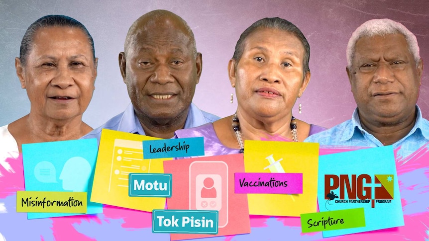 Four PNG leaders surrounded by illustrations of post it notes with words like Leadership, Vaccination and Misinformation around.