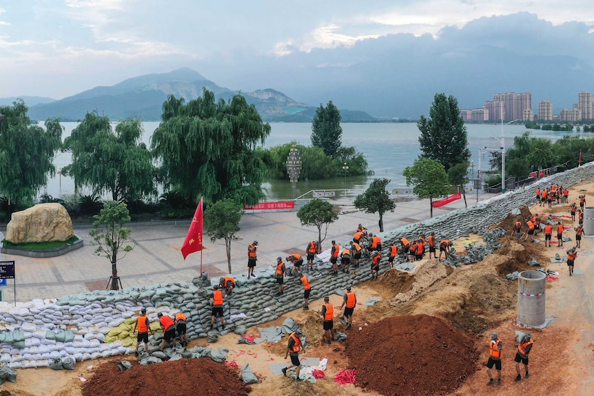 Dozens of soldiers wearing orange vests create a sandbag embankment on a lakeside.