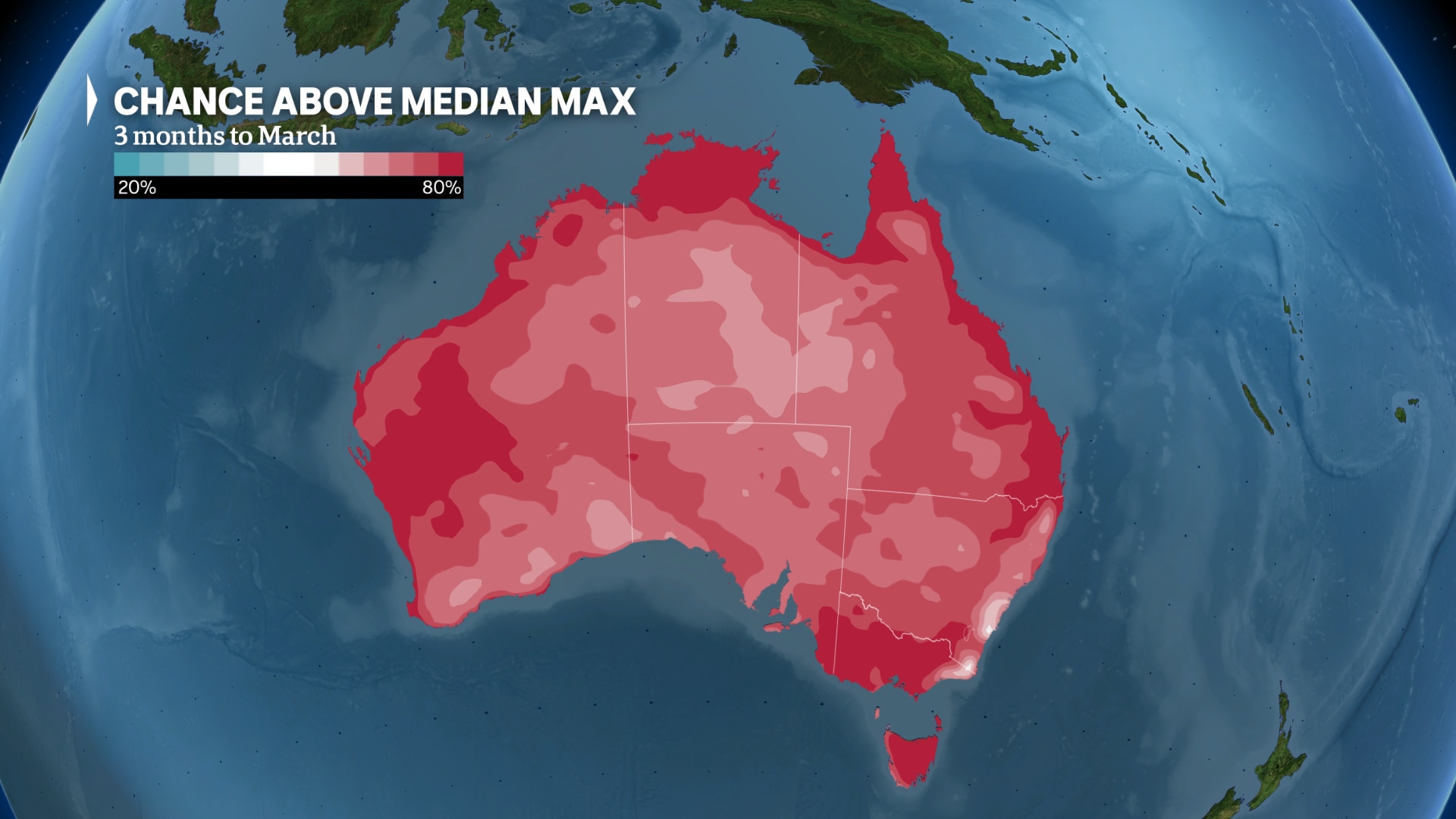 A perspectiva de longo prazo do BOM prevê temperaturas mais altas do que a média de janeiro a março de 2026.