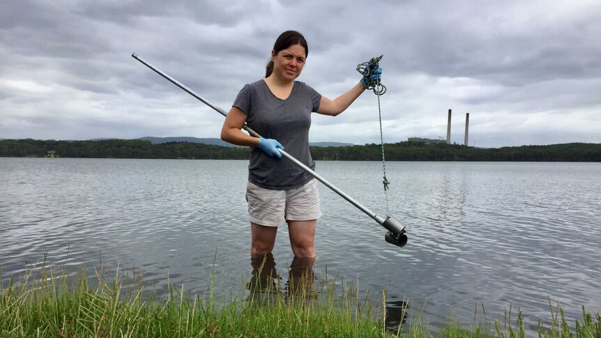 A woman wearing gloves stands in Lake Macquarie with water up to her knees and is holding a metal pole and rope