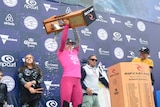 Courtney Conlogue with the Bells Beach trophy