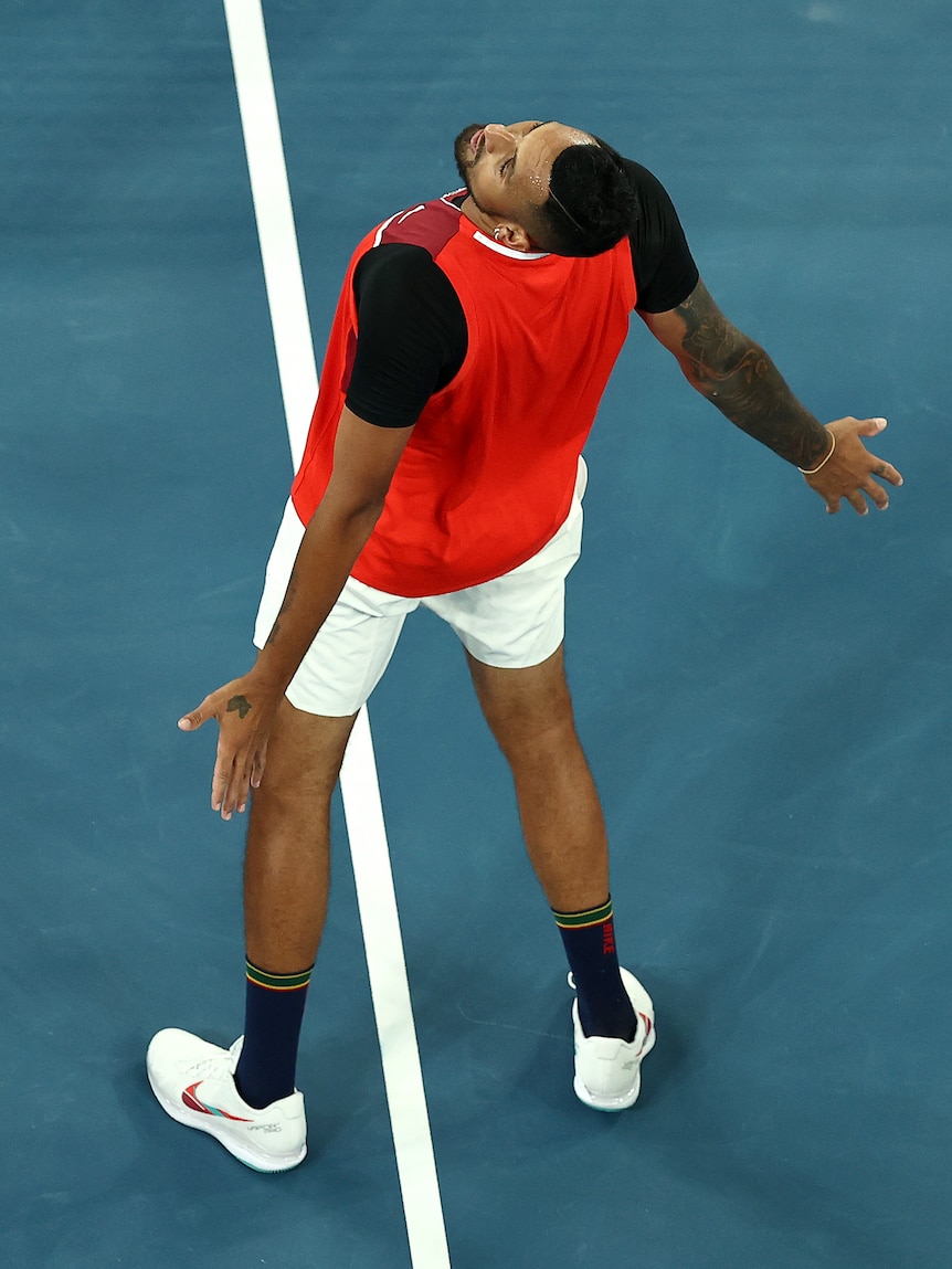 Australian tennis player Nick Kyrgios does Christino Ronaldo celebration after winning his first round at the Aus Open
