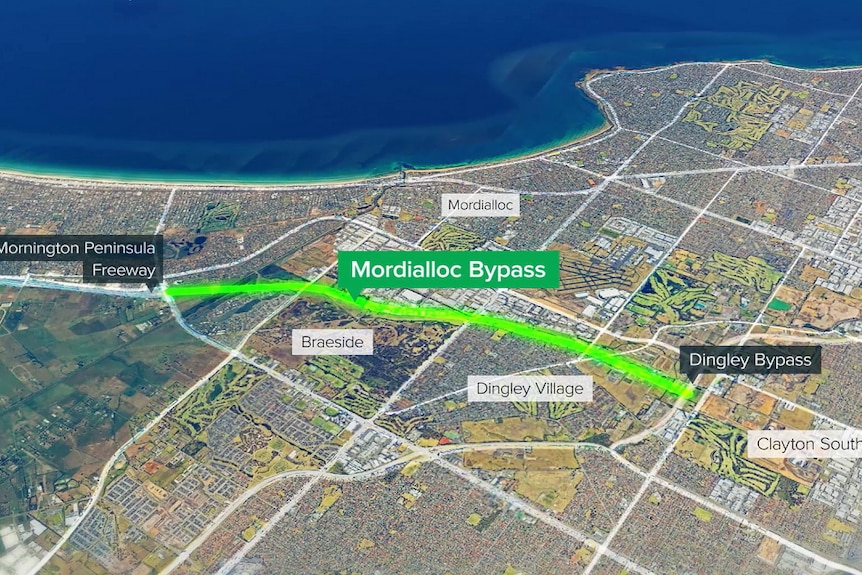 A map of the Mordialloc Bypass between Springvale Road in Aspendale Gardens and the Dingley Bypass.