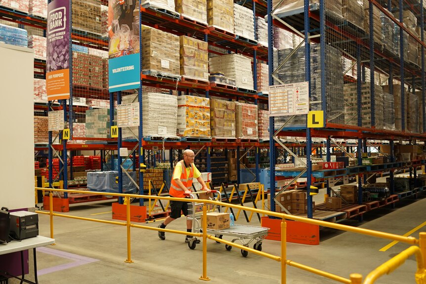 Man pushing a trolley in a warehouse.