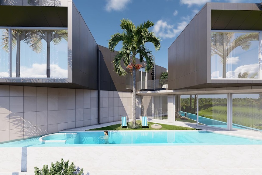 An illustration depicting concrete and glass buildings witha lap pool and palm trees.