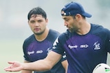 Cameron Smith directs Brandon Smith at Melbourne Storm training.